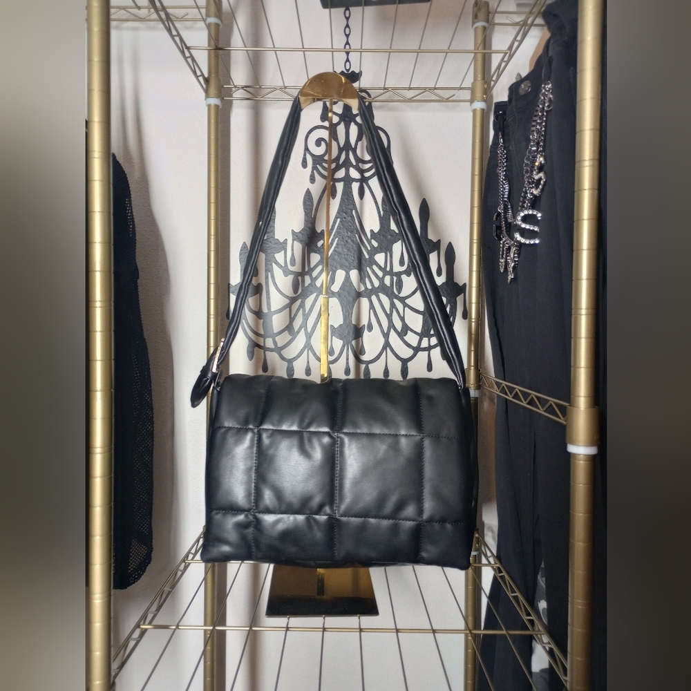 Shoulder Bag. Black Faux Leather. Luxurious Gold tone Hardware. NWOT.